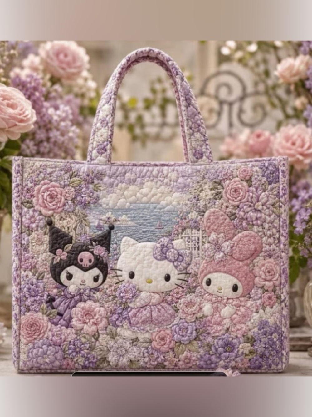 Hello Kitty Quilted Floral Tote - Lavender Pink